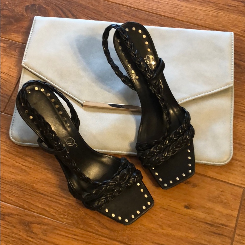 Square toe braided leather heels